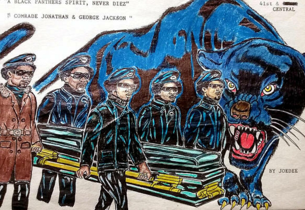 Image depicts an evocative artwork titled "A Black Panther's Spirit, Never Diez," by the Revolution a prison artist Joedee. It features five Black Panther members in uniform carrying a coffin. A fierce black panther with an open mouth and sharp teeth looms in the background, symbolizing strength and defiance. The scene honors Comrades Jonathan and George Jackson, reflecting themes of solidarity, resistance, and the enduring spirit of the Black Panther Party. The illustration, rich in bold lines and vivid colors, captures the essence of revolutionary art and the fight for Black liberation.