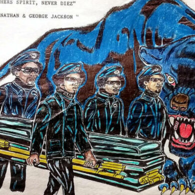 Image depicts an evocative artwork titled "A Black Panther's Spirit, Never Diez," by the Revolution a prison artist Joedee. It features five Black Panther members in uniform carrying a coffin. A fierce black panther with an open mouth and sharp teeth looms in the background, symbolizing strength and defiance. The scene honors Comrades Jonathan and George Jackson, reflecting themes of solidarity, resistance, and the enduring spirit of the Black Panther Party. The illustration, rich in bold lines and vivid colors, captures the essence of revolutionary art and the fight for Black liberation.