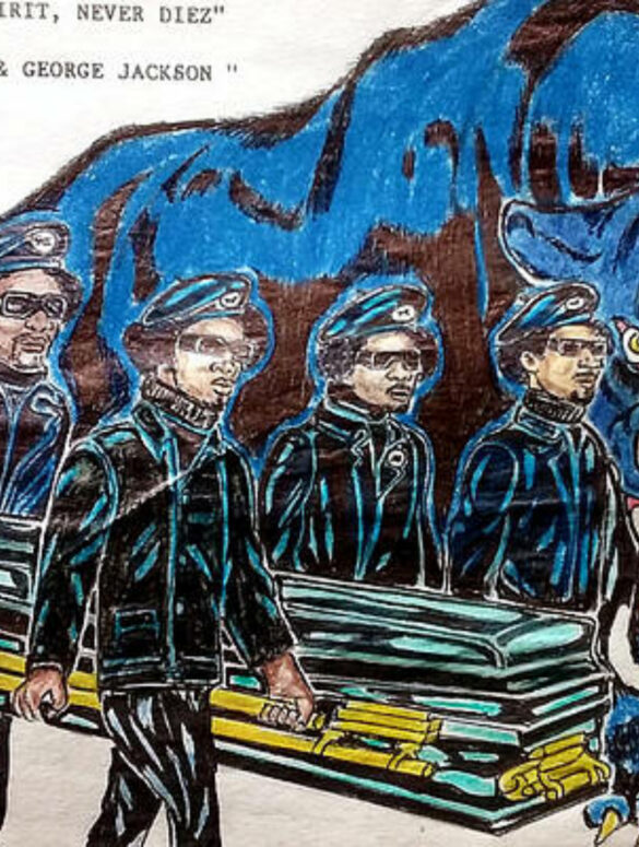 Image depicts an evocative artwork titled "A Black Panther's Spirit, Never Diez," by the Revolution a prison artist Joedee. It features five Black Panther members in uniform carrying a coffin. A fierce black panther with an open mouth and sharp teeth looms in the background, symbolizing strength and defiance. The scene honors Comrades Jonathan and George Jackson, reflecting themes of solidarity, resistance, and the enduring spirit of the Black Panther Party. The illustration, rich in bold lines and vivid colors, captures the essence of revolutionary art and the fight for Black liberation.