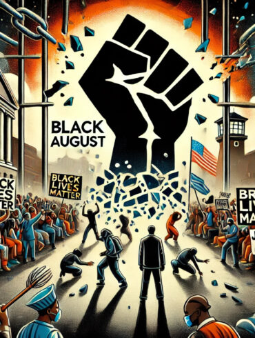 A conceptual image representing Black August. It blends modern protest imagery with symbolic elements to evoke a sense of resistance, reflection, and unity.