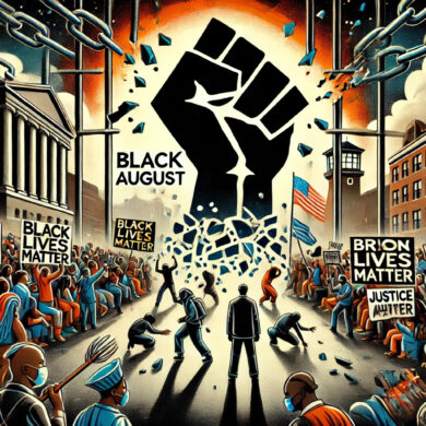 A conceptual image representing Black August. It blends modern protest imagery with symbolic elements to evoke a sense of resistance, reflection, and unity.