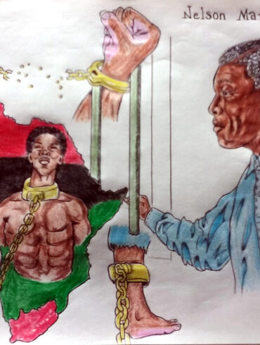 "Nelson Mandela" is an artwork by the Revolutionary prison artist Joedee depicting Nelson Mandela and a powerful symbol of African liberation. On the left, a muscular figure with broken shackles stands against a backdrop of the Pan-African flag, representing the strength and resilience of the African people. The right side features a detailed portrait of Nelson Mandela, symbolizing his role in breaking the chains of oppression. The imagery of shackles breaking and Mandela’s presence emphasizes themes of freedom, resistance, and the enduring fight against injustice. This work of art is being used as the Featured Image for the webpage, "Shop Black August 2024, the Outstanding Collection of Art, Clothes, and Gift Items," on the Black August 2024 website. Black August 2024 was created in recognition of the 45th anniversary of Black August, this website serves as an educational resource. Learn about the history of Black August, the freedom fighters who defined it, and their ongoing impact on the fight for justice. Explore art, literature, multimedia, and historical records to gain a deeper understanding. In 2022, Black August was declared as the Black History Month Alternative for Freedom Fighters. The website serves as a call to action to inspire visitors to continue the fight for justice and liberation in their personal lives and/or with community, in the Black August spirit of study, fast, train, fight.