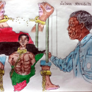 "Nelson Mandela" is an artwork by the Revolutionary prison artist Joedee depicting Nelson Mandela and a powerful symbol of African liberation. On the left, a muscular figure with broken shackles stands against a backdrop of the Pan-African flag, representing the strength and resilience of the African people. The right side features a detailed portrait of Nelson Mandela, symbolizing his role in breaking the chains of oppression. The imagery of shackles breaking and Mandela’s presence emphasizes themes of freedom, resistance, and the enduring fight against injustice. This work of art is being used as the Featured Image for the webpage, "Shop Black August 2024, the Outstanding Collection of Art, Clothes, and Gift Items," on the Black August 2024 website. Black August 2024 was created in recognition of the 45th anniversary of Black August, this website serves as an educational resource. Learn about the history of Black August, the freedom fighters who defined it, and their ongoing impact on the fight for justice. Explore art, literature, multimedia, and historical records to gain a deeper understanding. In 2022, Black August was declared as the Black History Month Alternative for Freedom Fighters. The website serves as a call to action to inspire visitors to continue the fight for justice and liberation in their personal lives and/or with community, in the Black August spirit of study, fast, train, fight.