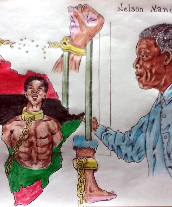 "Nelson Mandela" is an artwork by the Revolutionary prison artist Joedee depicting Nelson Mandela and a powerful symbol of African liberation. On the left, a muscular figure with broken shackles stands against a backdrop of the Pan-African flag, representing the strength and resilience of the African people. The right side features a detailed portrait of Nelson Mandela, symbolizing his role in breaking the chains of oppression. The imagery of shackles breaking and Mandela’s presence emphasizes themes of freedom, resistance, and the enduring fight against injustice. This work of art is being used as the Featured Image for the webpage, "Shop Black August 2024, the Outstanding Collection of Art, Clothes, and Gift Items," on the Black August 2024 website. Black August 2024 was created in recognition of the 45th anniversary of Black August, this website serves as an educational resource. Learn about the history of Black August, the freedom fighters who defined it, and their ongoing impact on the fight for justice. Explore art, literature, multimedia, and historical records to gain a deeper understanding. In 2022, Black August was declared as the Black History Month Alternative for Freedom Fighters. The website serves as a call to action to inspire visitors to continue the fight for justice and liberation in their personal lives and/or with community, in the Black August spirit of study, fast, train, fight.