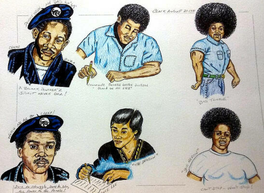 A detailed artwork by the Revolutionary prison artist Joedee depicting influential figures in the Black liberation movement. The image features hand-drawn portraits of individuals including members of the Black Panther Party and other activists, each illustrated with unique expressions and attributes. The characters, Bruce Lee, Stanley "Tookie" Williams, George Jackson, Big Heroin, and Champ Boza, are labeled with names and notable quotes or descriptions, emphasizing their contributions and the spirit of Black August. The art style is colorful and expressive, capturing the essence of resistance and empowerment.